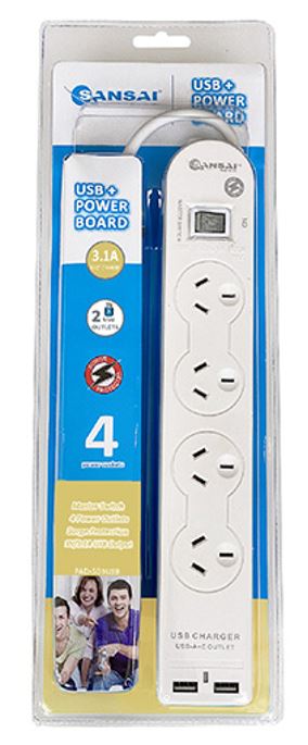 Sansai 4 Way Basic Powerboard USB Ax2 4 Outlets Master Switch Surge and overload