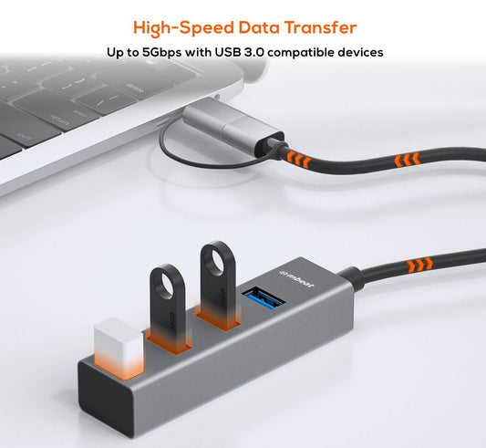 mbeat® 4-Port USB 3.0 Hub with 2-in-1 USB 3.0 & USB-C Converter - Space Grey transfer speeds up to 5Gbps Material: Aluminium Weight: 48g