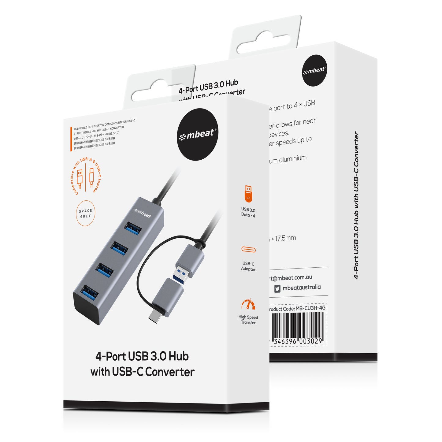 mbeat® 4-Port USB 3.0 Hub with 2-in-1 USB 3.0 & USB-C Converter - Space Grey transfer speeds up to 5Gbps Material: Aluminium Weight: 48g