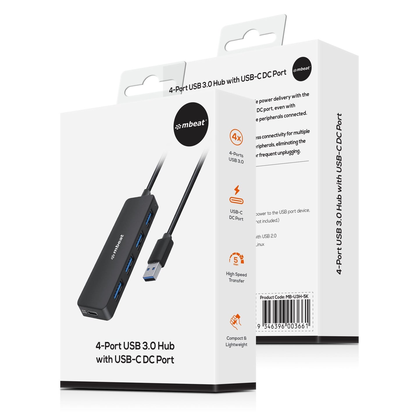 mbeat® 4-Port USB 3.0 Hub with USB-C DC Port Compact and Portable Design Expandable Connectivity Data Transfer Speed: 5Gbps Weight: 32g