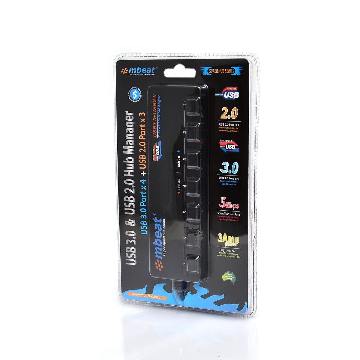 mbeat 7-Port USB 3.0 & USB 2.0 Powered Hub Manager — 4x USB 3.0, Individual Port Switches
