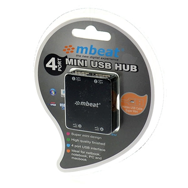 mbeat 4-Port USB 2.0 Hub — Plug and Play, High Speed, Compact Design