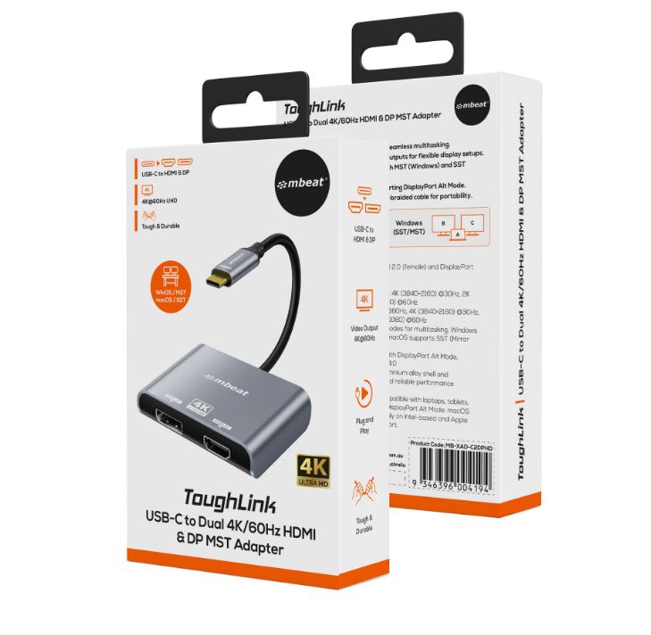 mbeat Tough Link USB-C to DP&HDMI Dual 4K/60Hz MST Adapter 4K (3840x2160) @ 60Hz