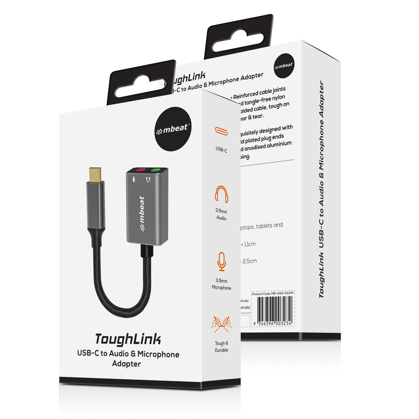 mbeat Elite USB-C to 3.5mm Audio and Microphone Adapter - Adds Headphone Audio