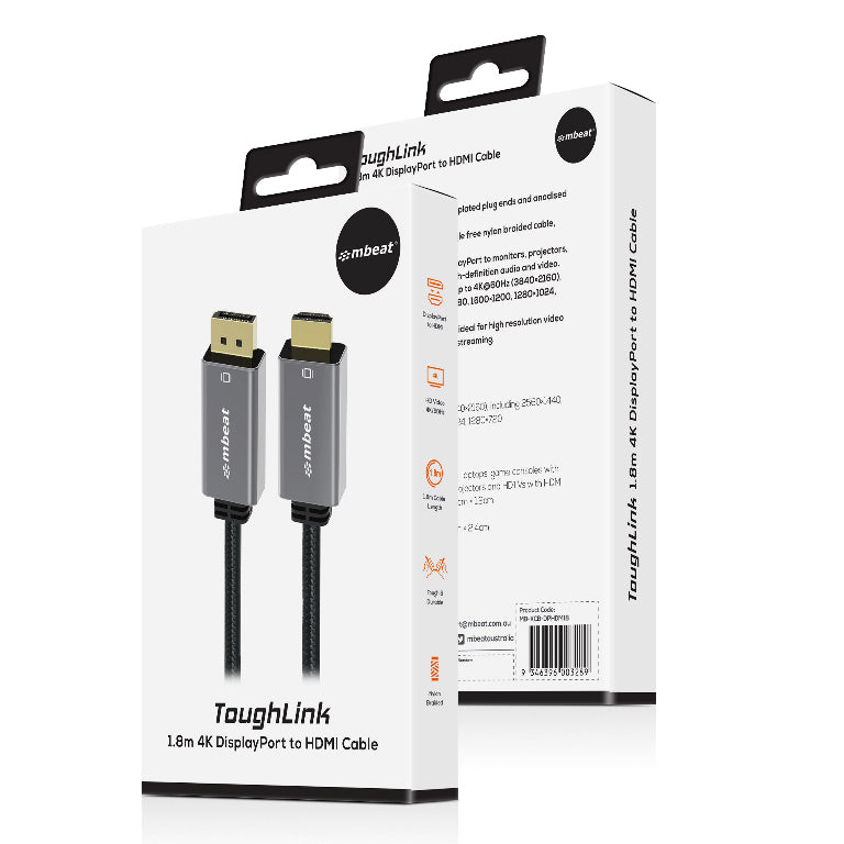 mbeat Tough Link 1.8m DisplayPort to HDMI Cable – 4K 60Hz