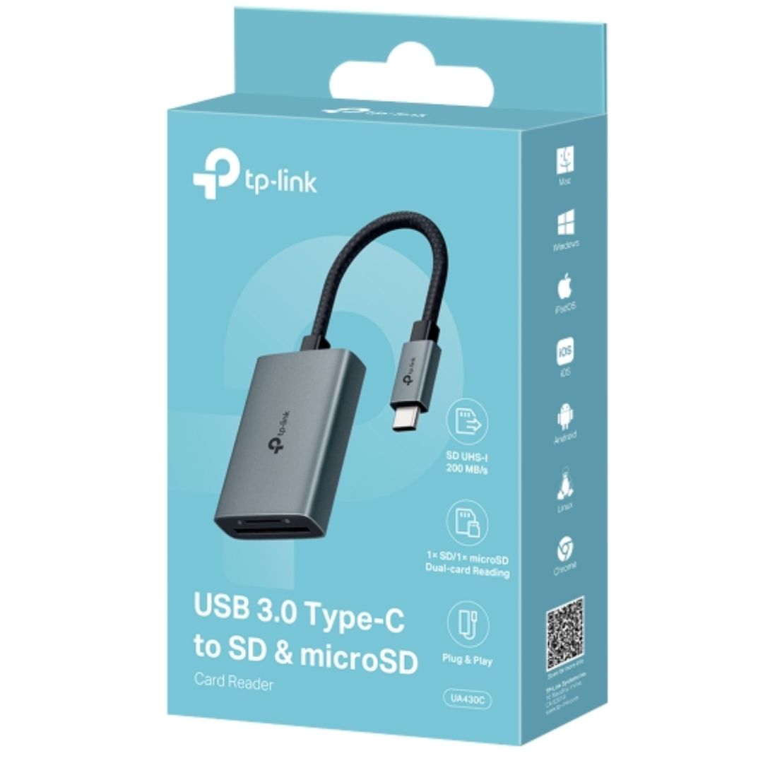 TP-Link UA430C USB 3.0 Type-C to SD & microSD 3.0 Card Reader, support SD,SDHC、SDXC,microSD、microSDHC、microSDXC cards up to 2TB.