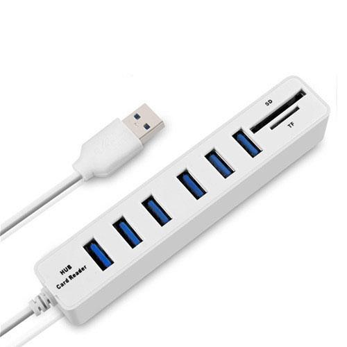 6-Port USB Hub with TF/SD Card Reader — High Speed, Black