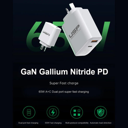 USP Dual Port PD 65W GaN Fast Wall Charger USB-C + USB-A for Phone Laptop, Intel image 1