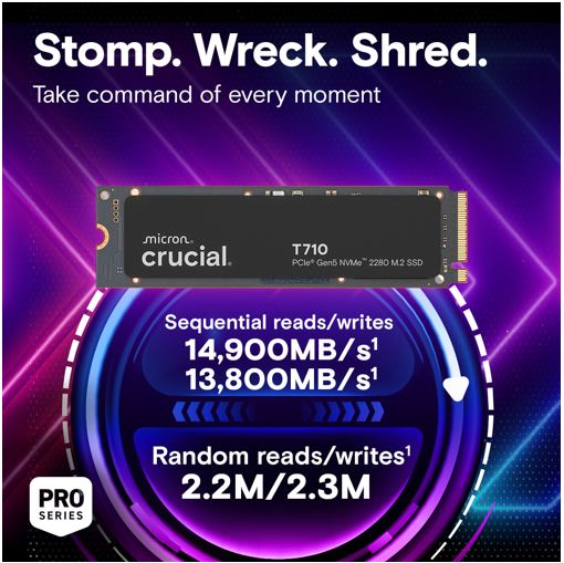 Crucial T710 1TB PCIe Gen5 NVMe 2280 SSD - 14900/13700 MB/s R/W 600TBW 1500K IOP image 1