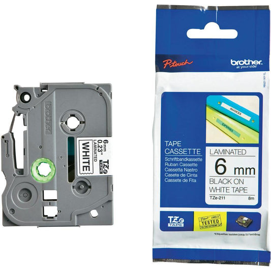 Brother 6mm Black on White TZE Tape image 0