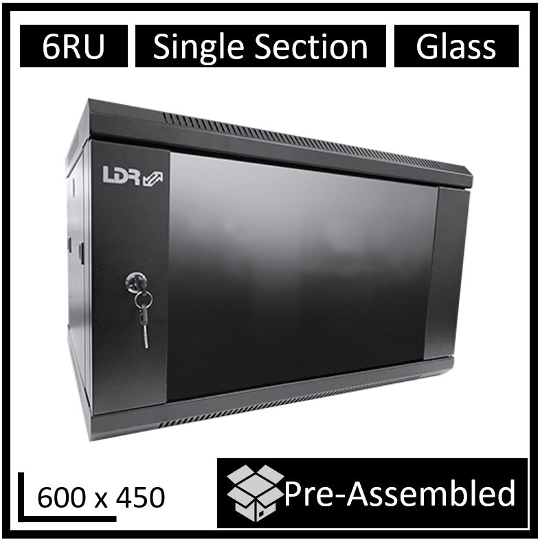 LDR Assembled 6U Wall Mount Cabinet (600mm x 450mm) Glass Door - Black Metal Con image 0