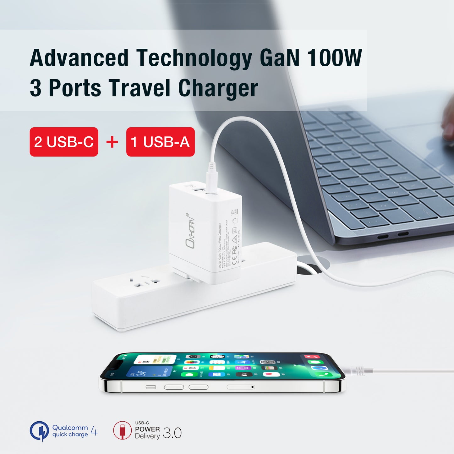 Oxhorn 100W USB GaN Type-C fast Charger, 2x USB-C, 1x USB-A Fast Charger image 2