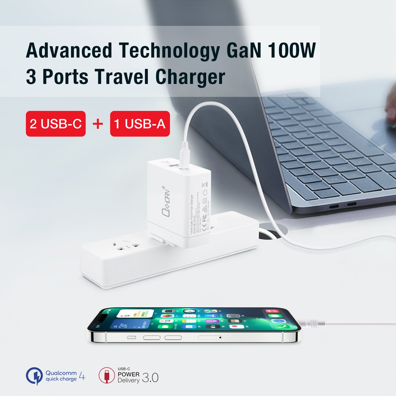 Oxhorn 100W USB GaN Type-C fast Charger, 2x USB-C, 1x USB-A Fast Charger image 2