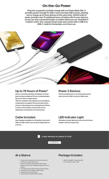 Belkin BoostCharge Power Bank 20K (Multi-port) - Black(BPB012btBK),1xUSB-C, 2xUS image 3