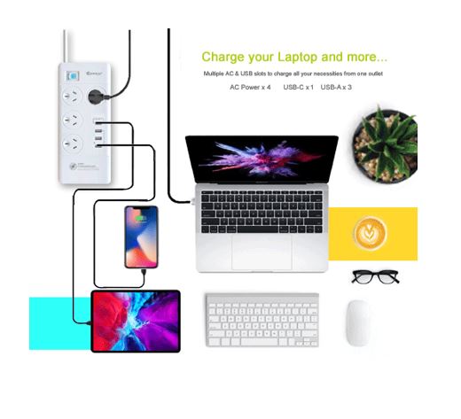Sansai 4 Outlet 3xUSB-A & 1xUSB-C Powerboard Master On/Off switch Surge and over image 2