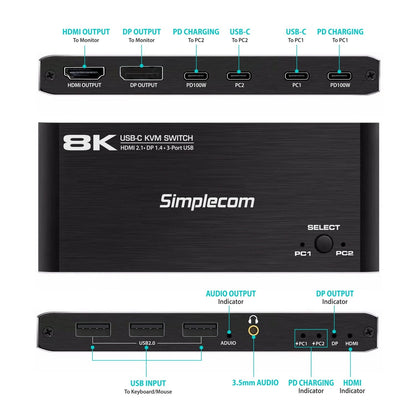 Simplecom KM470 2-Port USB-C KVM Switch 8K Docking Station HDMI 2.1 DP for Lapto image 2