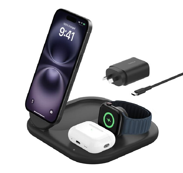 Belkin BoostCharge 3-in-1 Magnetic Foldable Wireless Charger 15W With Qi2 - Blac image 0