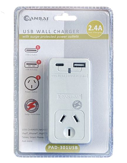 Sansai USB C + A 2xUSB charging Outlets Power Adaptor 240V 10A Surge protection image 1