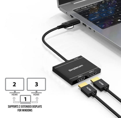 Simplecom DA327 USB 3.0 or USB-C to Dual HDMI Display Adapter for 2x 1080p Exten image 1