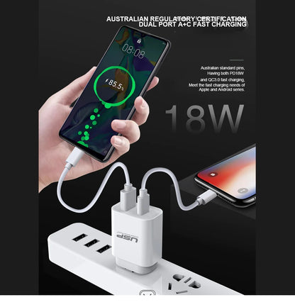 USP 20W QC 3.0 Dual Port USB-A USB-C PD Fast Wall Charger White - Safe Charge,Ch image 2
