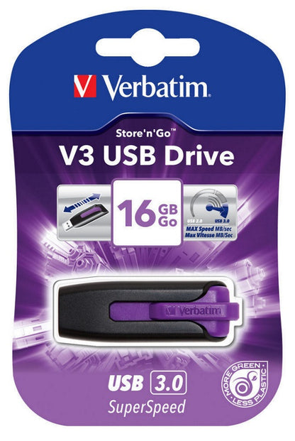 Verbatim 16GB V3 USB3.0 Violet Store'n'Go V3; Rectractable USB Storage Drive Mem image 0