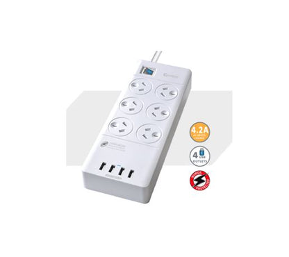 Sansai 6 Outlets & 4 USB Outlets Surge Protected Powerboard Master On/Off switch image 0