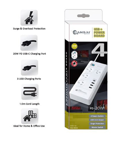 Sansai 4 Outlet 3xUSB-A & 1xUSB-C Powerboard Master On/Off switch Surge and over image 3