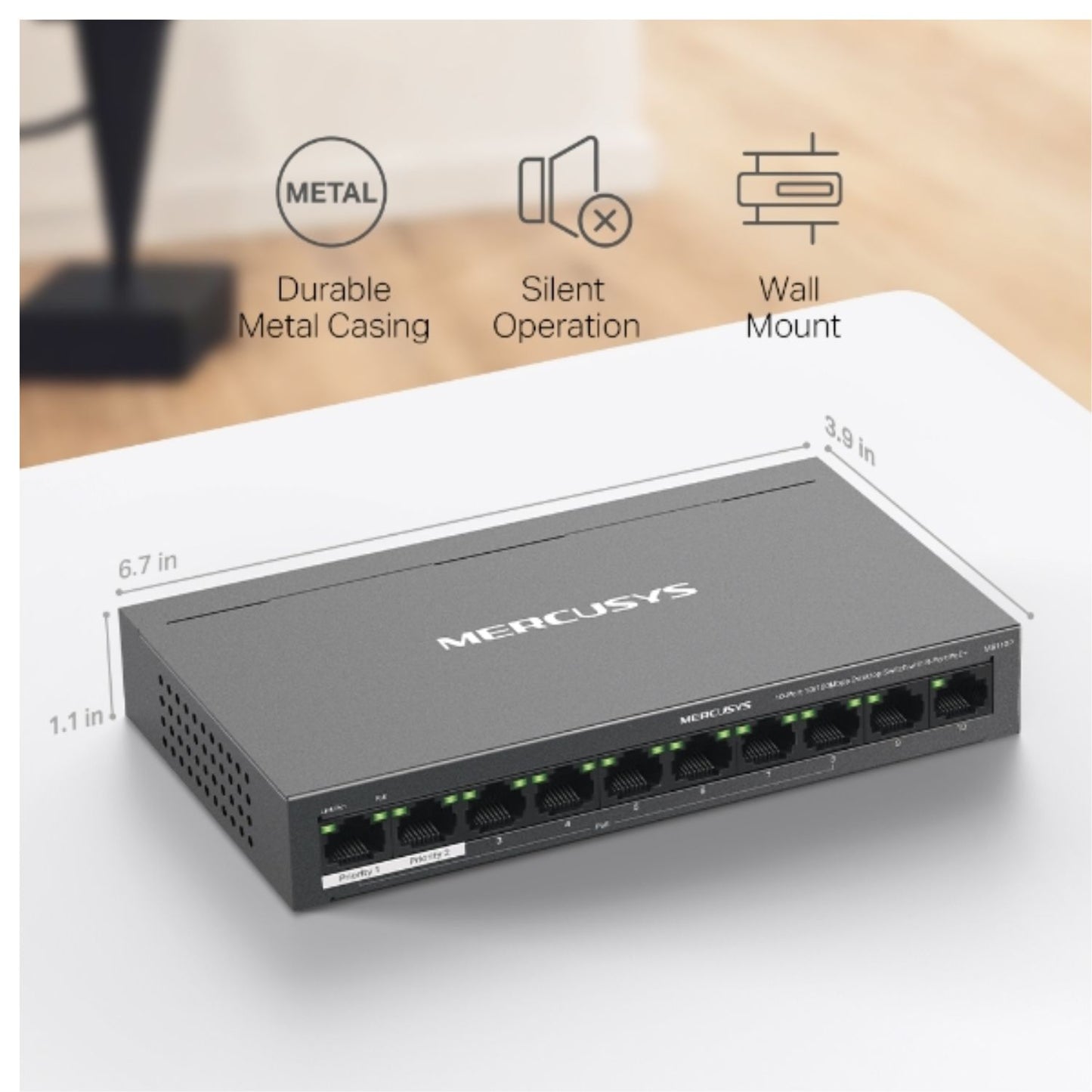 Mercusys MS110P 10-Port 10/100Mbps Desktop Switch with 8-Port PoE+, Up to 250 m image 3