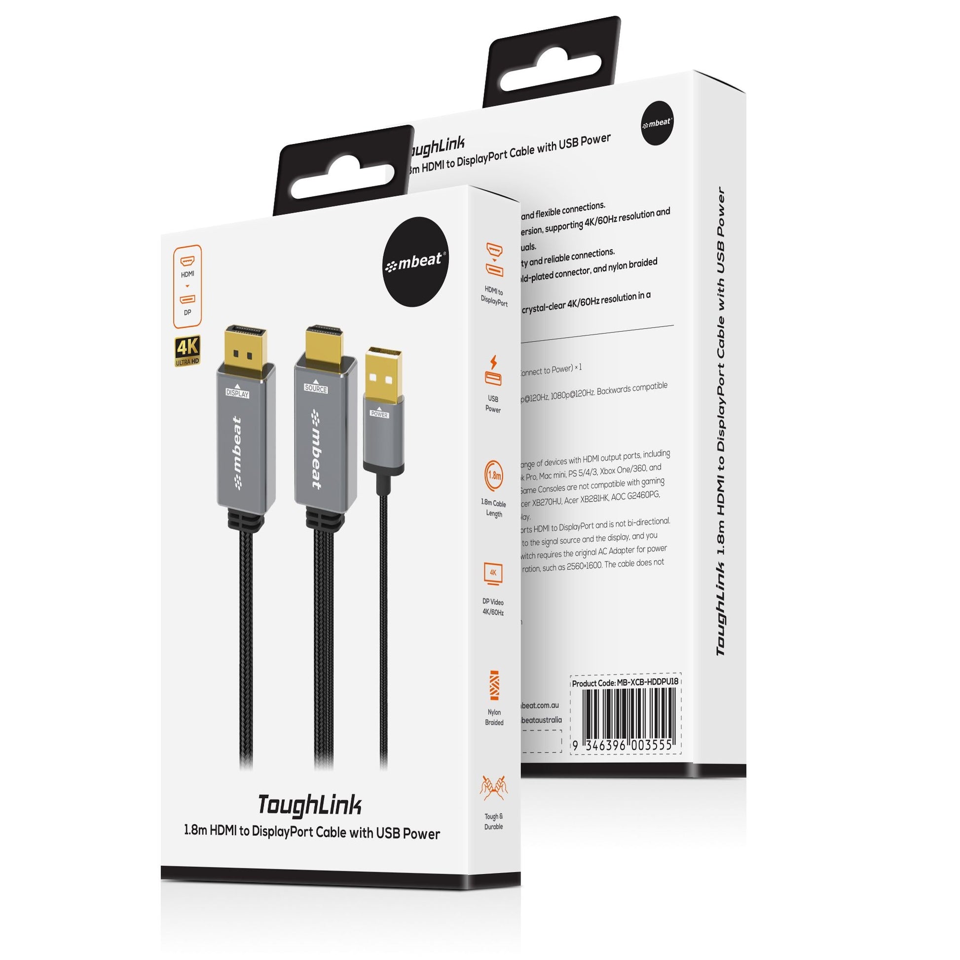 mbeat Tough Link 1.8m HDMI to DisplayPort Cable with USB Power  4K@60Hz (3840×2 image 3