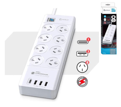 Sansai 8 Outlet 3*USB-A & 1*USB-C Powerboard Master On/Off switch Surge and over image 0