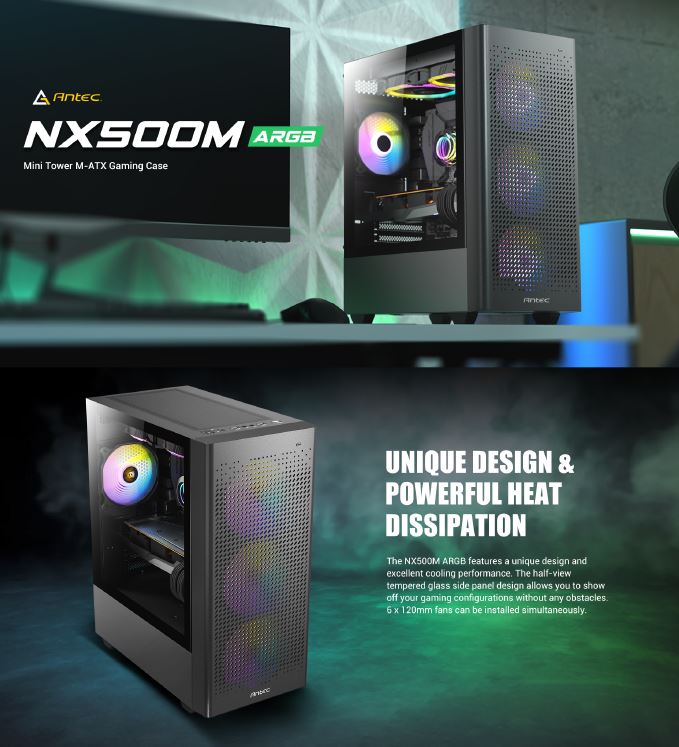 Antec NX500M mATX, Mesh, USB-C, 3x ARGB 120mm, USB 3.0, HD Audio, 360mm Radiator image 0