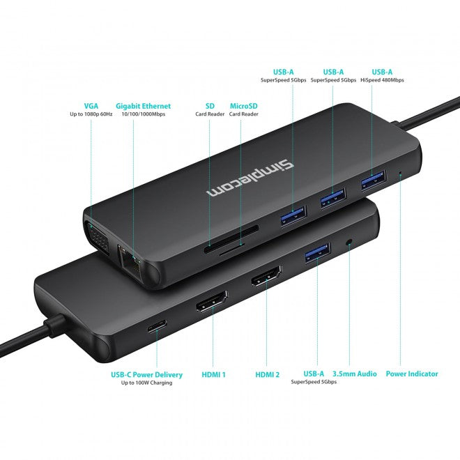 Simplecom CHN612 USB-C 12-in-1 Multiport Docking Station Dual HDMI + VGA Triple image 2