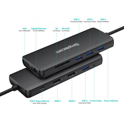 Simplecom CHN612 USB-C 12-in-1 Multiport Docking Station Dual HDMI + VGA Triple image 2
