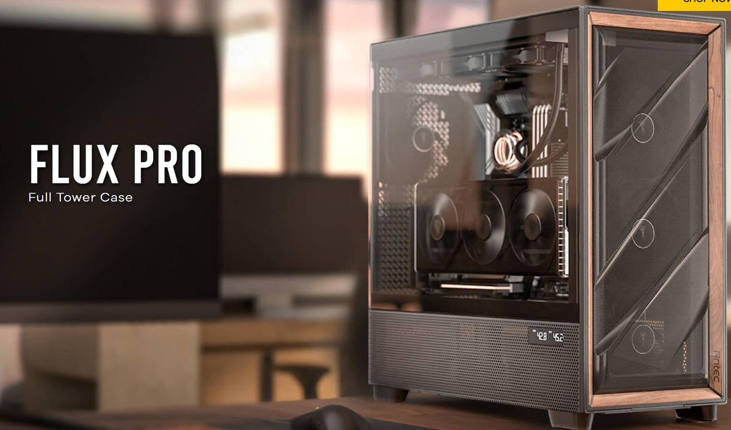 Antec FLUX PRO, E-ATX, Premium Walnut, Iunity Temperature Disp. CPU and GPU LED image 0