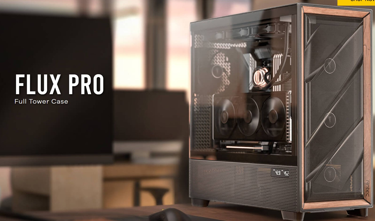 Antec FLUX PRO, E-ATX, Premium Walnut, Iunity Temperature Disp. CPU and GPU LED image 0