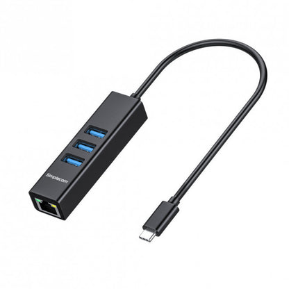Simplecom CHN421 Black Aluminium USB-C to 3 Port USB HUB with Gigabit Ethernet A image 1