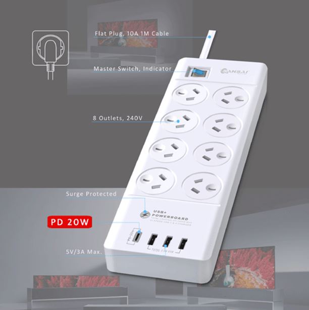 Sansai 8 Outlet 3*USB-A & 1*USB-C Powerboard Master On/Off switch Surge and over image 3
