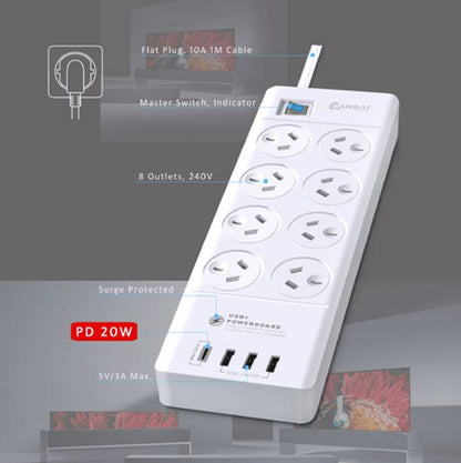 Sansai 8 Outlet 3*USB-A & 1*USB-C Powerboard Master On/Off switch Surge and over image 3