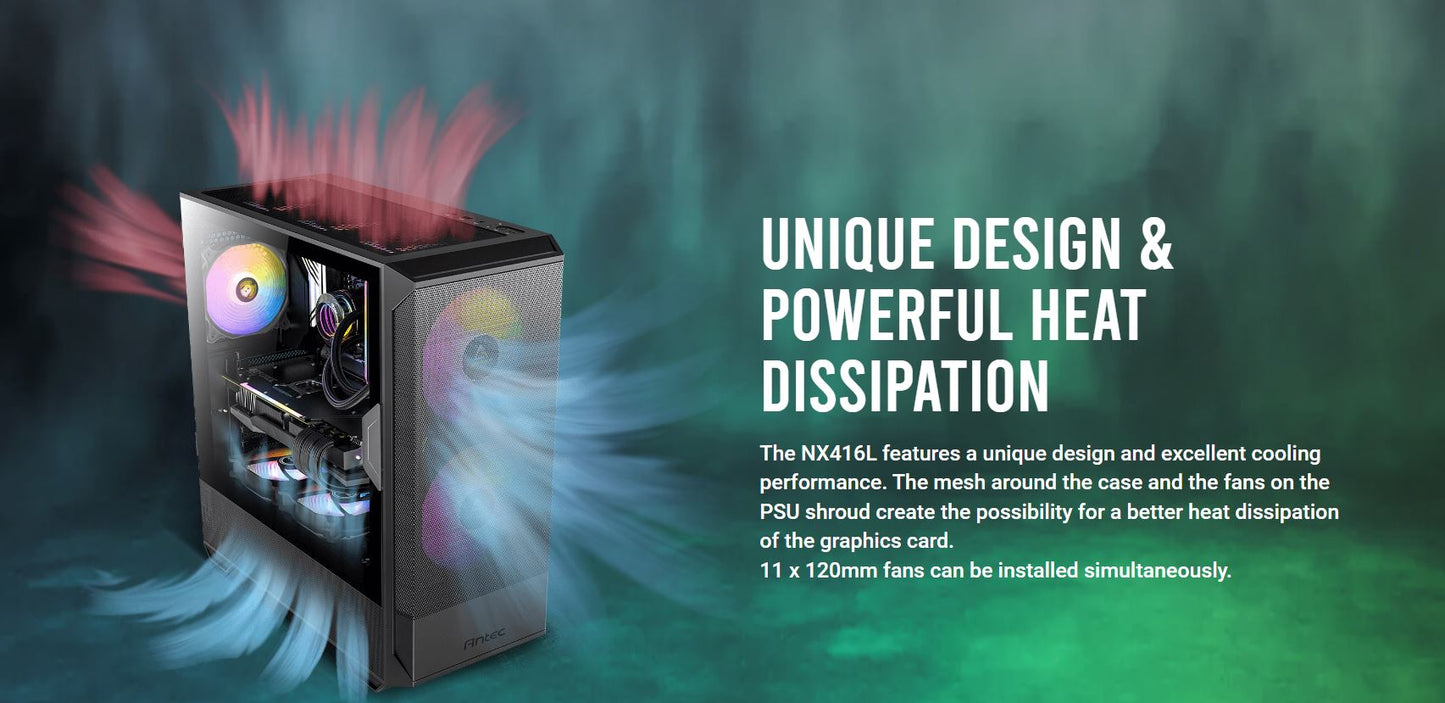 Antec NX416 Mesh ATX. USB-C x1, USB 3.0 x. 2x ARGB 160mm + 1x ARGB 120mm Fans. L image 0