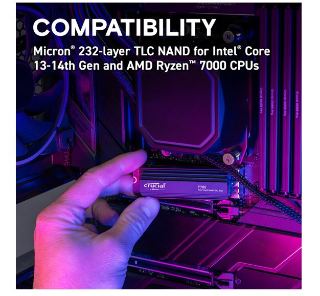 Crucial T705 4TB Gen5 NVMe SSD Heatsink - 14100/12600 MB/s R/W 2400TBW 1500K IOP image 1