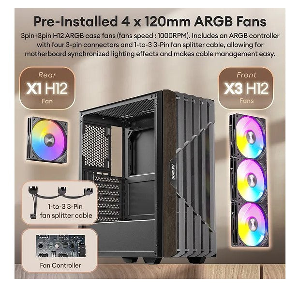 OKINOS Cypress P5 ARGB Oak Wood Trim ATX, 4x120mm ARGB Non-PWM Fans Pre-Installe image 2