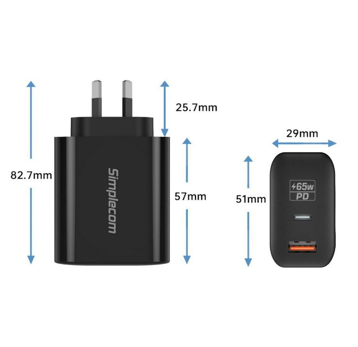 Simplecom CU265 Dual Port PD 65W GaN Fast Wall Charger USB-C + USB-A for Phone L image 2