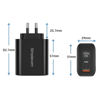 Simplecom CU265 Dual Port PD 65W GaN Fast Wall Charger USB-C + USB-A for Phone L image 2