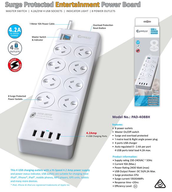 Sansai 8 Outlets & 4 USB Outlets Surge Protected Powerboard Master On/Off switch image 0