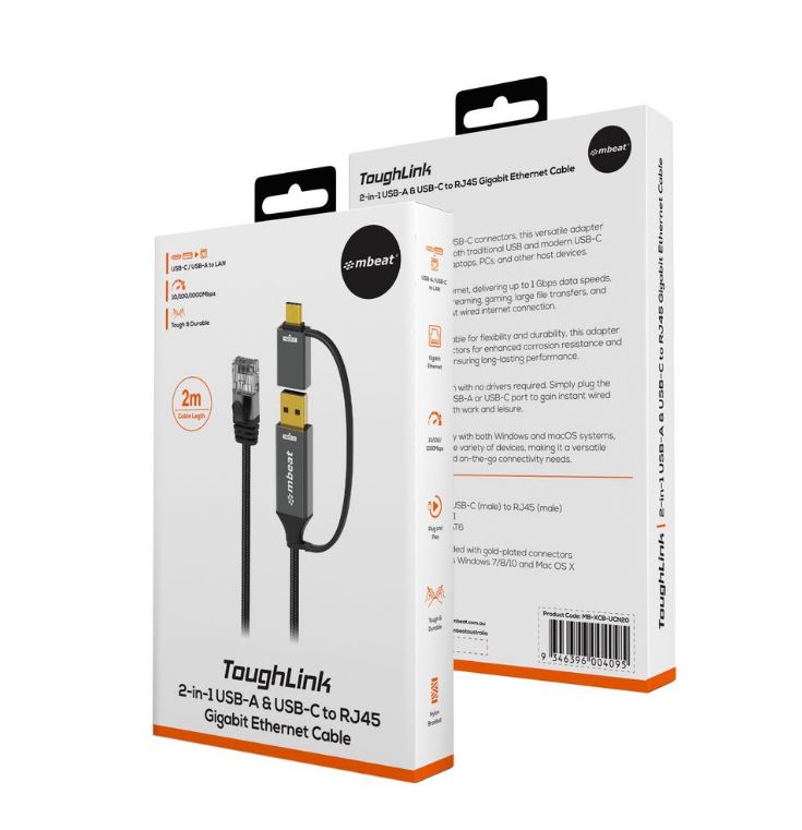 mbeat Tough Link 2m USB & USB-C to RJ45 Ethernet Cable - Space Grey image 2