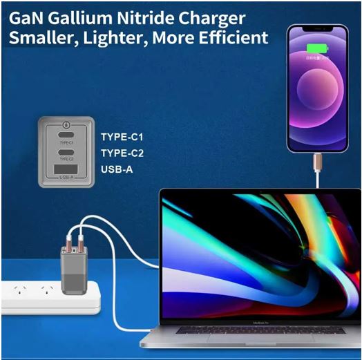Oxhorn 65W GaN Type C fast Charger 3 Port 2xUSB-C 1xUSB-A PD3.0 QC4.0 PPS AUS Ap image 1