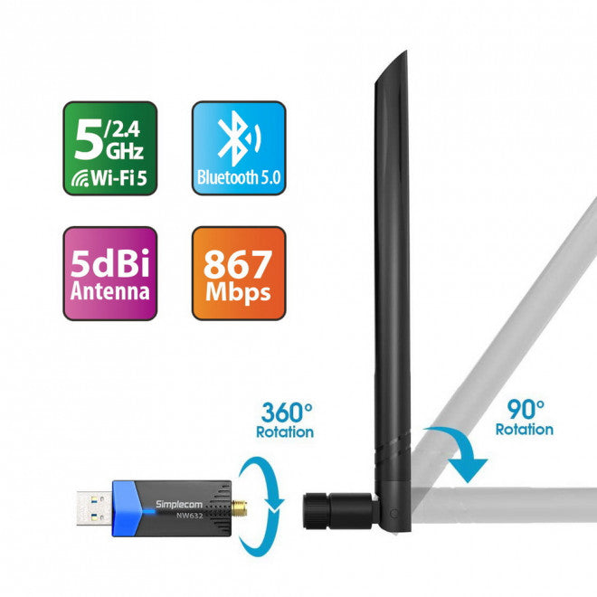 Simplecom NW632 Wi-Fi 5 Bluetooth 5.0 USB Adapter Dual Band AC1200 image 2