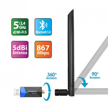 Simplecom NW632 Wi-Fi 5 Bluetooth 5.0 USB Adapter Dual Band AC1200 image 2