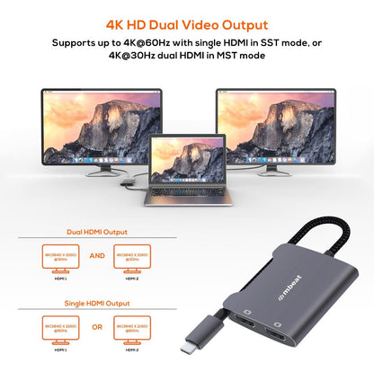 mbeat Tough Link USB-C to Dual 4K HDMI Adapter - Space Grey image 1