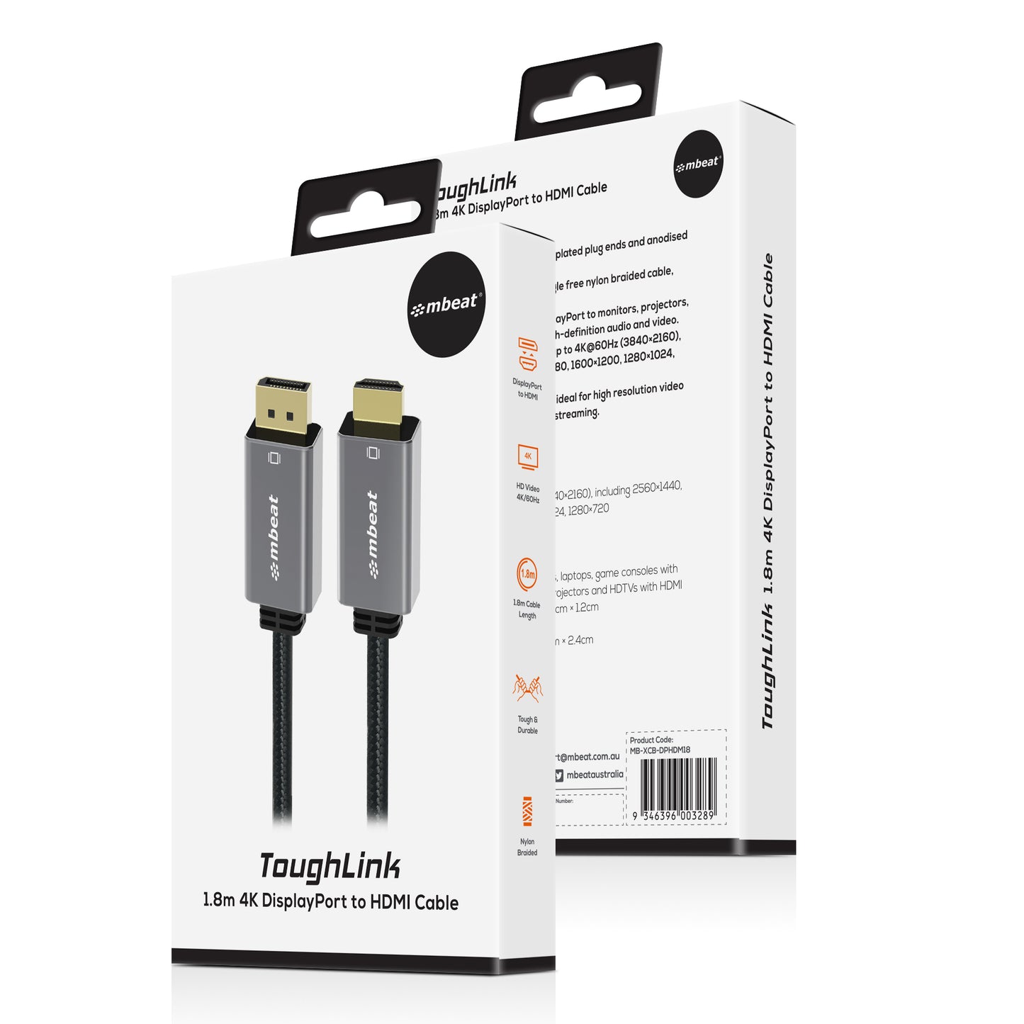 mbeat Tough Link 1.8m 4K/60Hz Display Port to HDMI Cable -  Connects DisplayPort image 3